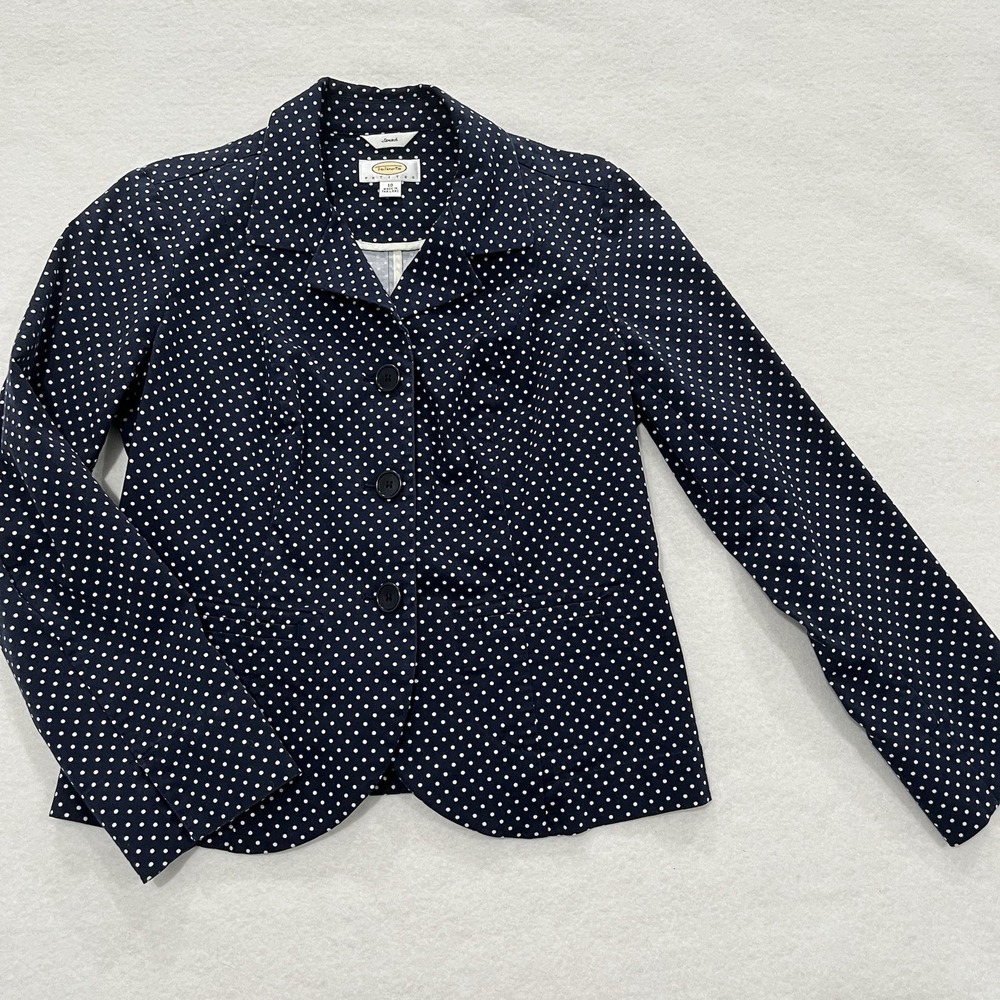 Talbots Petite Size 10 Blazer Navy White Polka Dot Stretch Vintage Office Dressy